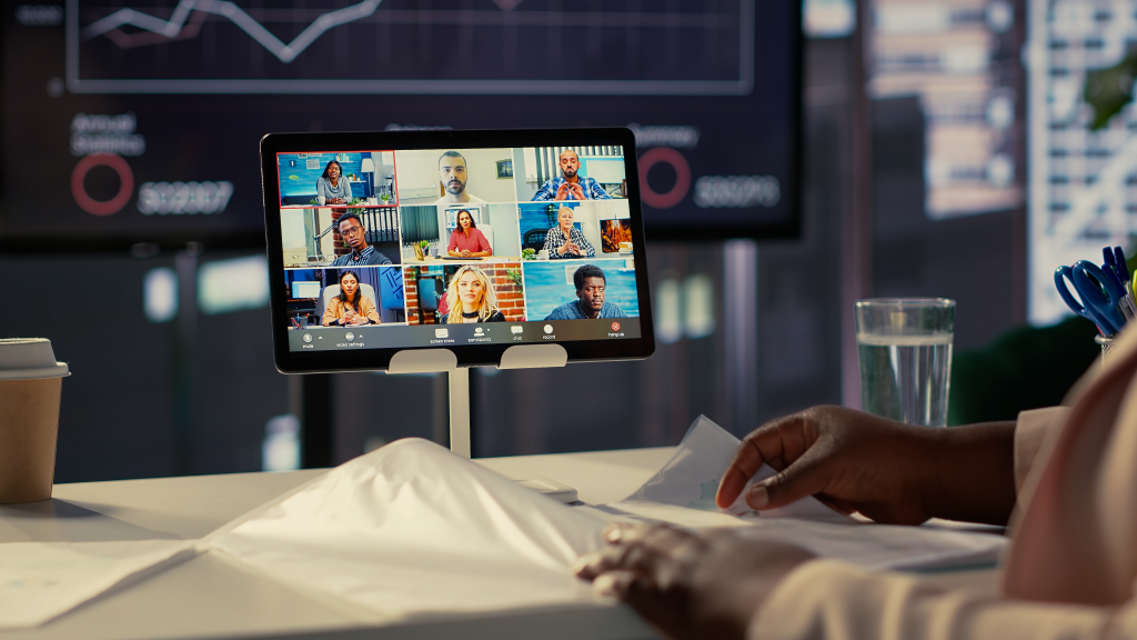 A remote strategy and engineering team collaborating in a video meeting